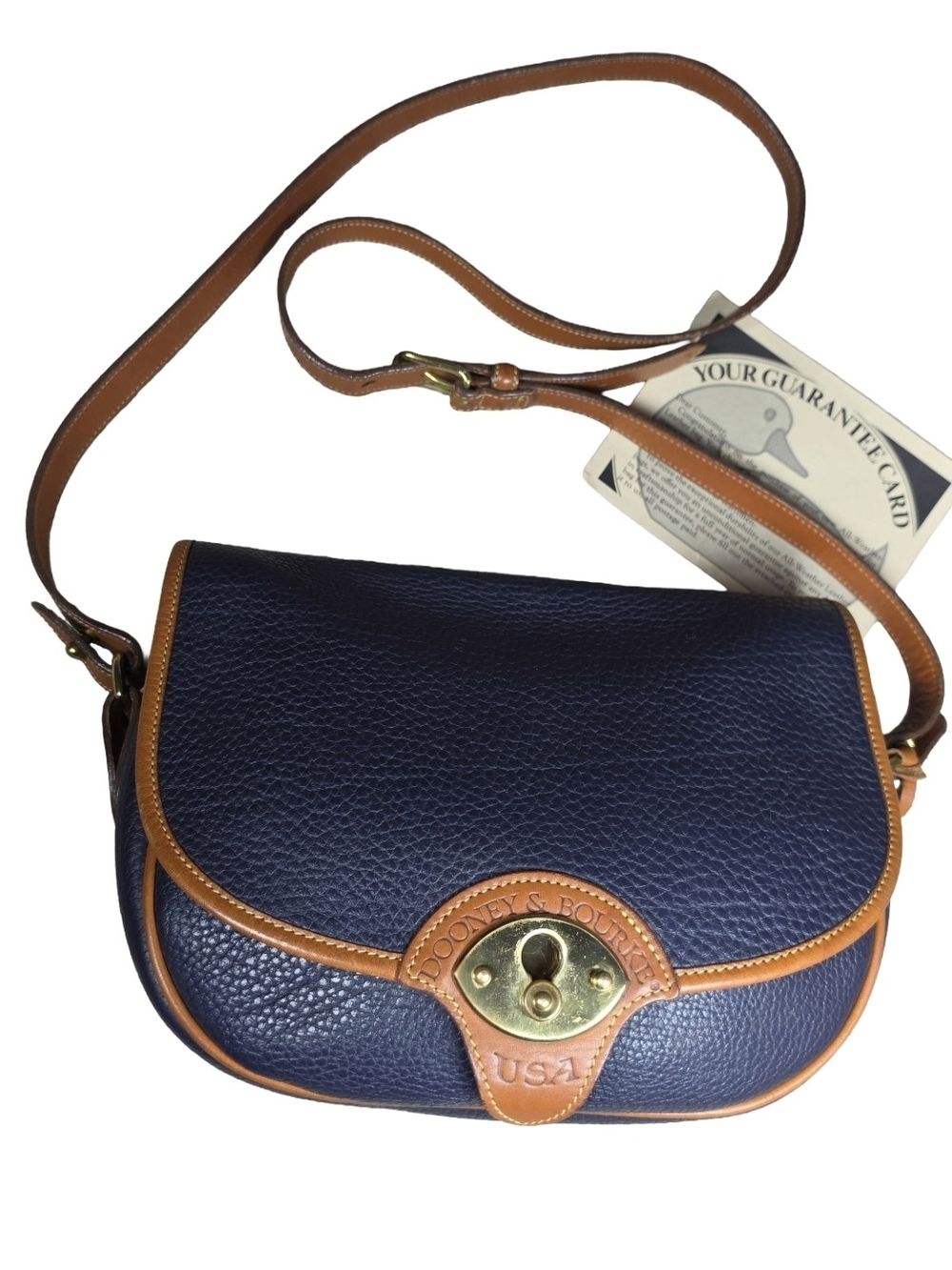 Vintage Dooney & Bourke Cavalry Trooper Saddle Bag Navy Blue Tan AWL Crossbody